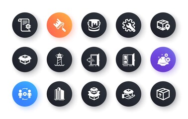 Minimal set of Technical documentation, Working process and Open door flat icons for web development. Entrance, Skyscraper buildings, Customisation icons. Hold box, Lighthouse. Vector