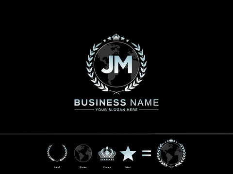 Letter JM logo icon, Creative jm Letter with circle Leaf Globe Royal Crown and Star Logo For Business