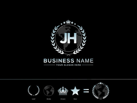 Letter JH logo icon, Creative jh Letter with circle Leaf Globe Royal Crown and Star Logo For Business
