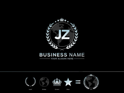 Letter JZ logo icon, Creative jz Letter with circle Leaf Globe Royal Crown and Star Logo For Business