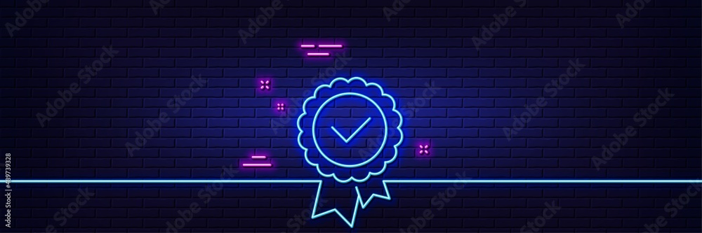 Wall mural Neon light glow effect. Tested stamp line icon. Approved medal sign. Certificate award symbol. 3d line neon glow icon. Brick wall banner. Tested stamp outline. Vector