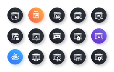 Market store icons. Online Marketplace, Network Marketing, Wholesale Shop. Store showcase, grocery shop, buyer icons. Retail seller, fresh market, food delivery. Marketplace app. Vector