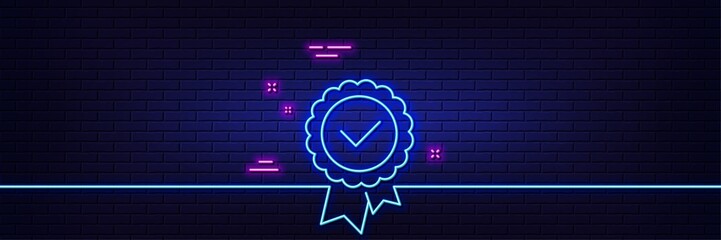 Neon light glow effect. Tested stamp line icon. Approved medal sign. Certificate award symbol. 3d line neon glow icon. Brick wall banner. Tested stamp outline. Vector - obrazy, fototapety, plakaty