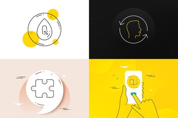 Minimal set of Puzzle, Manual and Face id line icons. Phone screen, Quote banners. No alcohol icons. For web development. Puzzle piece, Read book, Identification system. Mineral oil. Vector