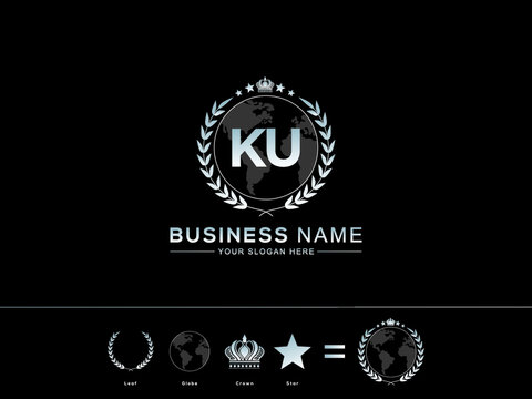 KU uk letter logo design, Premium monogram letter ku initials logotype and New circle Leaf Globe Royal Crown with Star Logo Design