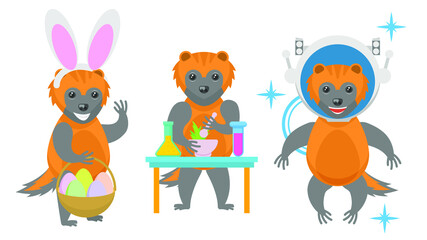 Set Abstract Collection Flat Cartoon Different Animal Wolverines In Bunny Ears With A Basket Of Eggs, Astronaut In Helmet, Brews A Potion Vector Design Style Elements Fauna Wildlife