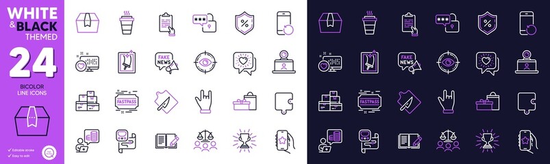 Loan percent, Feedback and Puzzle line icons for website, printing. Collection of Budget accounting, Fastpass, Clipboard icons. Metro map, Lock, Horns hand web elements. Takeaway. Vector