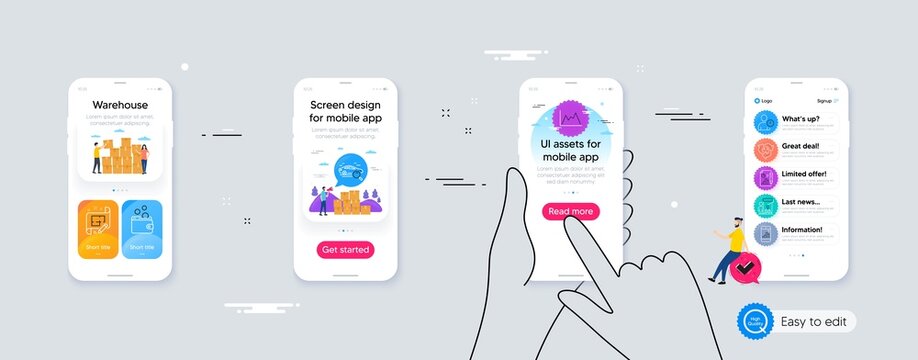 Outline set of Search car, Diagram and Painter line icons for web application. Phone ui interface. Include Wallet money, Time management, Architect plan icons. Vector
