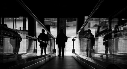 a man standing on an escalator in a city library