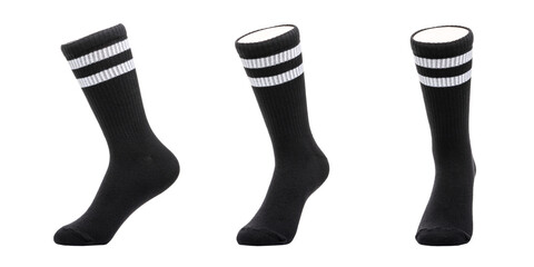 Set of blank black socks with white stripes mockup isolated on white background