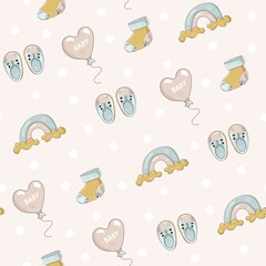 Seamless pattern with children's toys on pink background. Vector