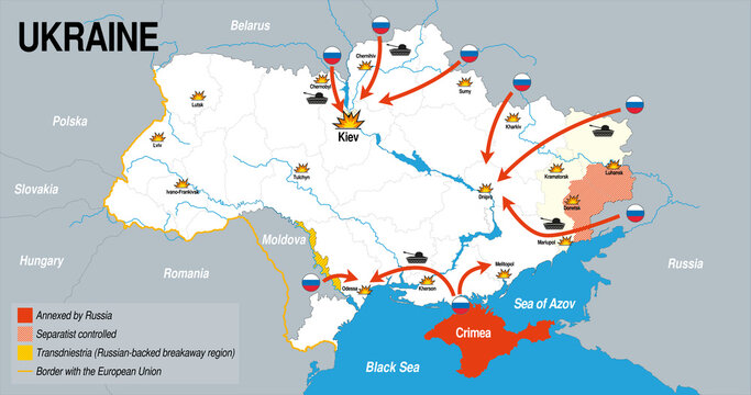 Map of the Russian invasion of Ukraine in blue, gray and white color