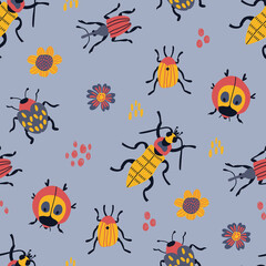Fototapeta na wymiar Seamless pattern with cute hand-drawn beetles. Design for fabric, textile, wallpaper, packaging. 