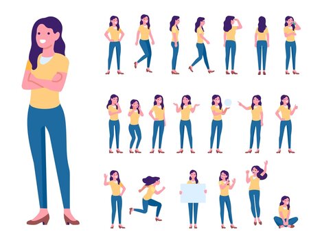 Cartoon Female Character Poses. Active Woman In Jeans Posing. Casual Clothes. Different Emotions And Everyday Activities. Standing And Walking Girl. Vector Persons Body Positions Set