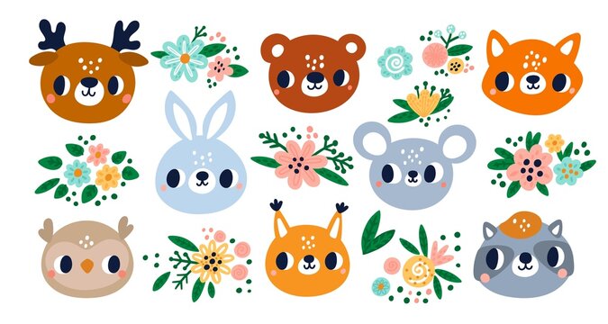 Cute animals faces. Little forest characters. Funny muzzles. Wildlife creatures heads with flowers. Deer and mouse. Blooming plants bouquet. Raccoon and bunny. Vector Scandinavian fauna set