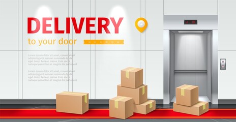 Delivery service to door. Realistic elevator with metal open doors and cardboard boxes. Building hallway with red carpet. Goods transportation. Vector parcel shipping advertising banner © VectorBum