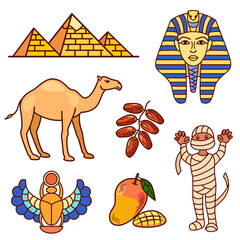 Vector set of egyptian symbols icons, travel sights of Egypt, illustration of egyptian tourist landmarks, stickers, postcard print design