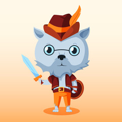 a fictional wolf cub in a robber costume with a sword and shield in his paws on a delicate background