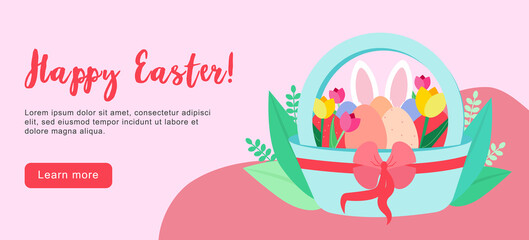 Happy Easter scene with families, kids. Easter street event, festival and fair, banner, poster design. Editable vector illustration