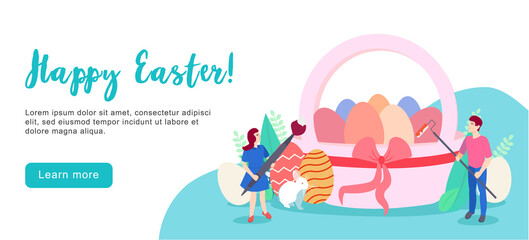 Happy Easter scene with families, kids. Easter street event, festival and fair, banner, poster design. Editable vector illustration