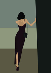 Attractive girl in a long burgundy dress with a slit at the back. Vector flat image of a girl standing with her back with short black hair. Design for avatars, postcards, posters, backgrounds.