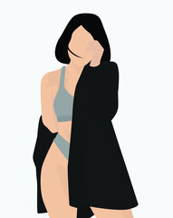 Vector flat image of a girl in a dark jacket and gray underwear. Young cute girl with black short hair. Design for postcards, posters, avatars, textiles, templates.
