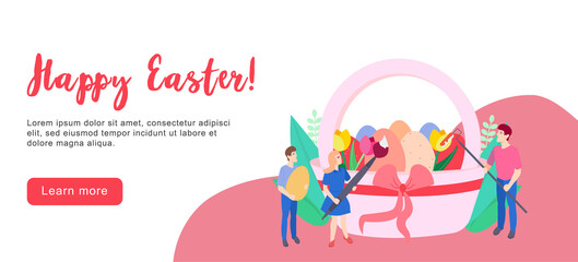 Happy Easter scene with families, kids. Easter street event, festival and fair, banner, poster design. Editable vector illustration