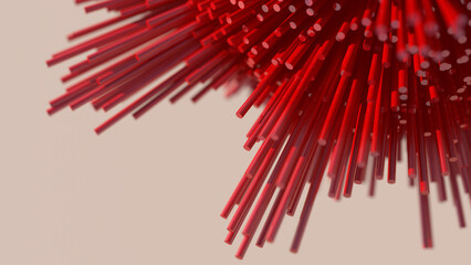 Red morphing sphere, beige background. Abstract illustration, 3d render, close-up.