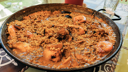 Traditional Spanish paella with seafood