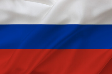 Russian flag on waving silk background. Russia national flag.