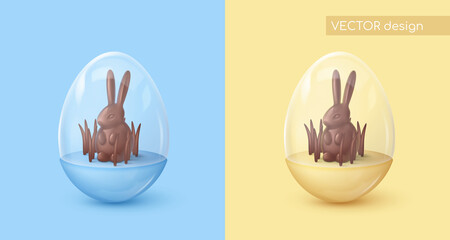 Glossy blue and yellow egg case, box with glass dome and chocolate rabbit, bunny, grass. Happy Easter poster. Vector illustration for card, party, design, flyer, banner, web, advertising.