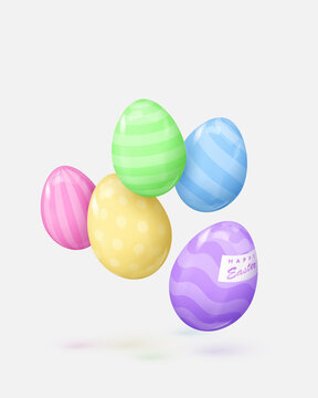 Poster with realistic purple, pink, yellow, green, blue glossy eggs with stripes and dots. Happy Easter poster. Vector illustration for card, party, design, flyer, banner, web, advertising.