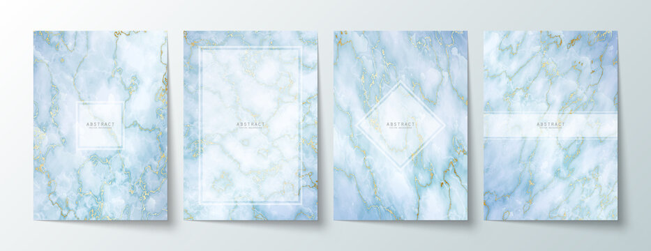 Luxury Elegant Backgrounds Set. Blue Marble Texture With Gold Veins And Transparent Copy Space With Borders. Modern Premium Templates In Light Pastel Colors For Invitation, Card Or Notebook Cover