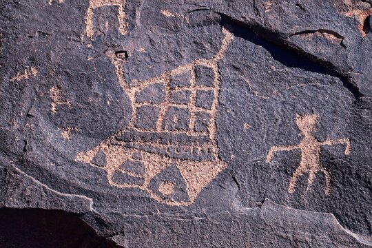 Petroglyphs Rock Paintings St George Utah on Land Hill from Ancestral Puebloan and Southern Paiute Native Americans thousands of years old on Sandstone. USA.