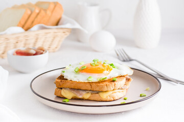 Homemade sandwich - croque madame on a plate on a light table