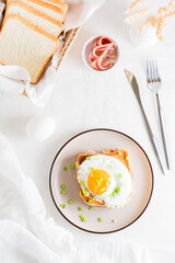 Croque madam - french sandwich with cheese, ham and egg on a plate on a light table. Top and vertical view
