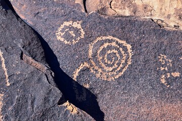 Petroglyphs Rock Paintings St George Utah on Land Hill from Ancestral Puebloan and Southern Paiute Native Americans thousands of years old on Sandstone. USA.