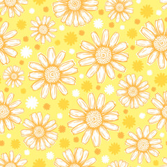 Daisy vector pattern flower sketch in abstract style on yellow background. Vintage, retro design. Seamless floral design.