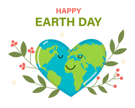 Cute planet earth in the shape of a heart on a background of green plant elements. Earth day concept. Saving the planet from pollution. Vector illustration