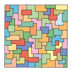 Rectangles and squares of different shapes and colors overlap to form a background, texture, pattern. It looks like stained glass. Freehand drawing. Hand Draw.