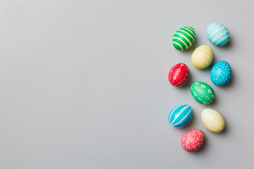 holiday preparation Multi colors Easter eggs on colored background . Pastel color Easter eggs. holiday concept with copy space