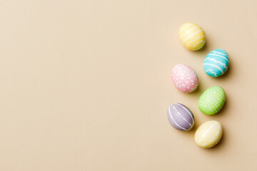 holiday preparation Multi colors Easter eggs on colored background . Pastel color Easter eggs. holiday concept with copy space