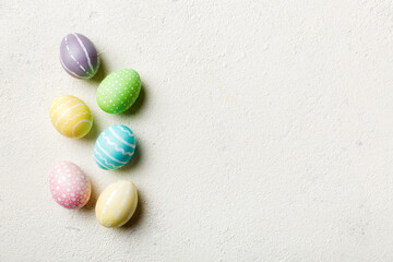 holiday preparation Multi colors Easter eggs on colored background . Pastel color Easter eggs. holiday concept with copy space