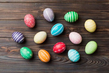 holiday preparation Multi colors Easter eggs on colored background . Pastel color Easter eggs. holiday concept with copy space