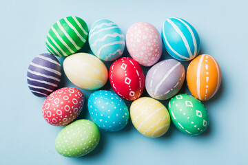 holiday preparation Multi colors Easter eggs on colored background . Pastel color Easter eggs. holiday concept with copy space