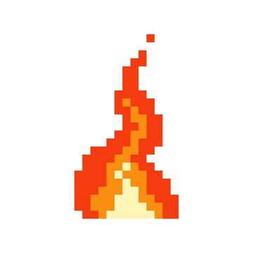 Pixel burning fire icon. Flaming bonfire with glowing yellow core red flame after powerful explosion with flying vector sparks.