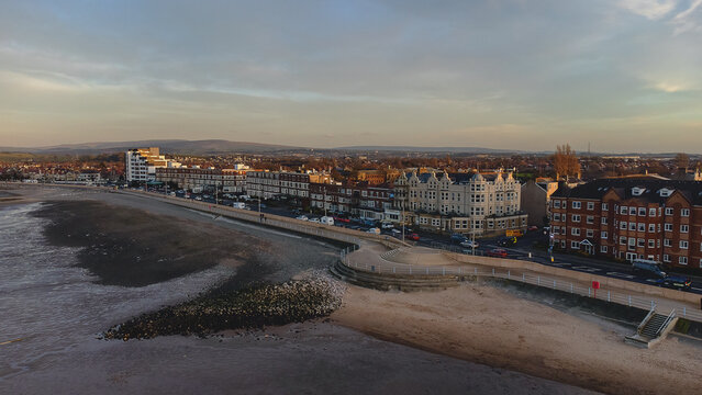 An aerial view of the seafront at Morecambe in Lancashire, UK