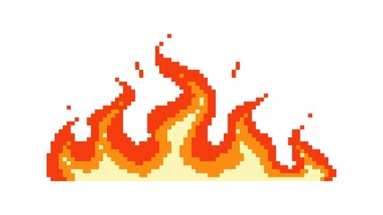 Big pixel flame. Wave napalm burning everything around fire with glowing yellow core red energy after powerful explosion with flying vector sparks.