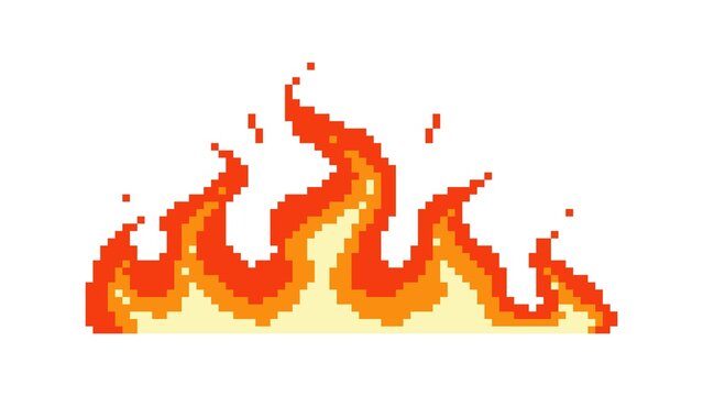 Big pixel flame. Wave napalm burning everything around fire with glowing yellow core red energy after powerful explosion with flying vector sparks.