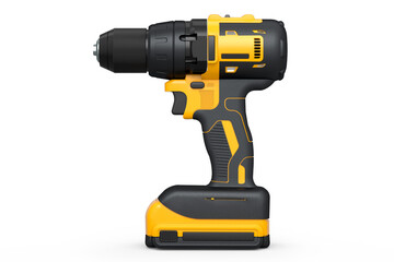 Cordless drill or yellow screwdriver isolated on white background
